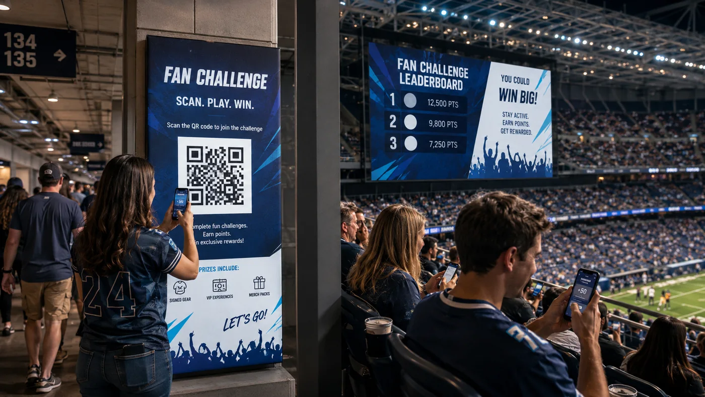Aficionados usando códigos QR y móviles durante un evento deportivo