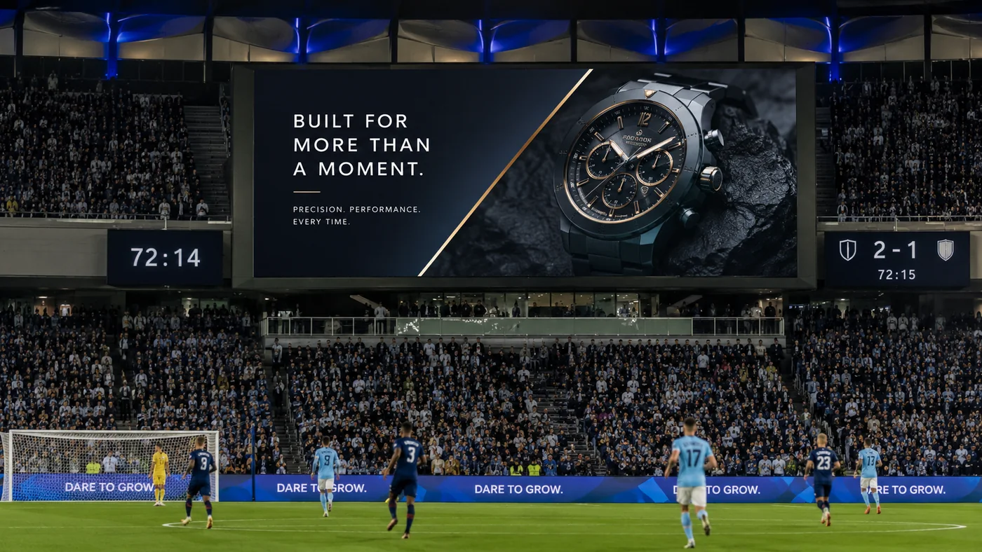 Publicidad de gran formato en el videomarcador de un estadio
